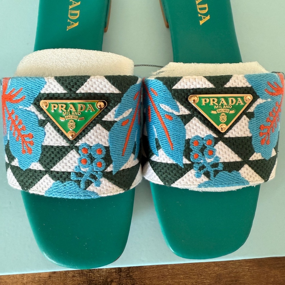 Prada Triangolo Ibiscus Flat Slides - Picture 2 of 4